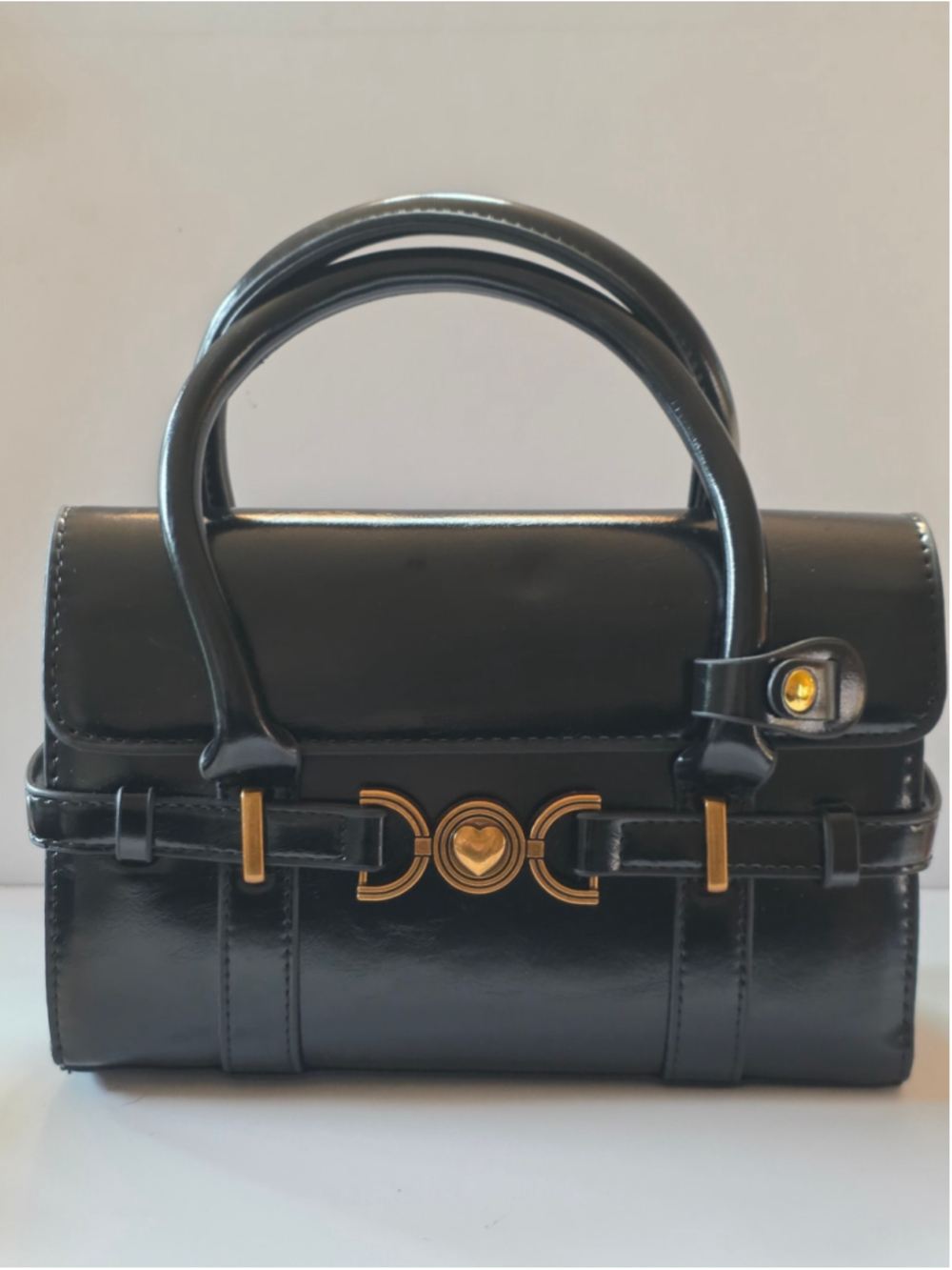 Black Patent Mini Satchel Crossbody Bag Gold Heart Hardware